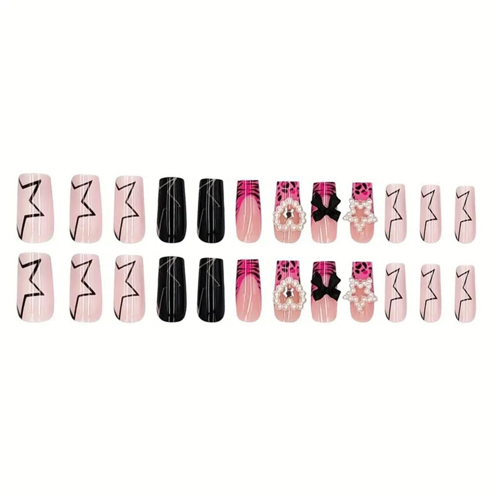 24 Pcs Pink Press on Nails Medium Square -  Winter Fake Nails Press Ons French Nail Art Tips Glue on Nails Full Cover False Nails with Charms Pentagram Design Stick on Nails Acrylic Nail Kit