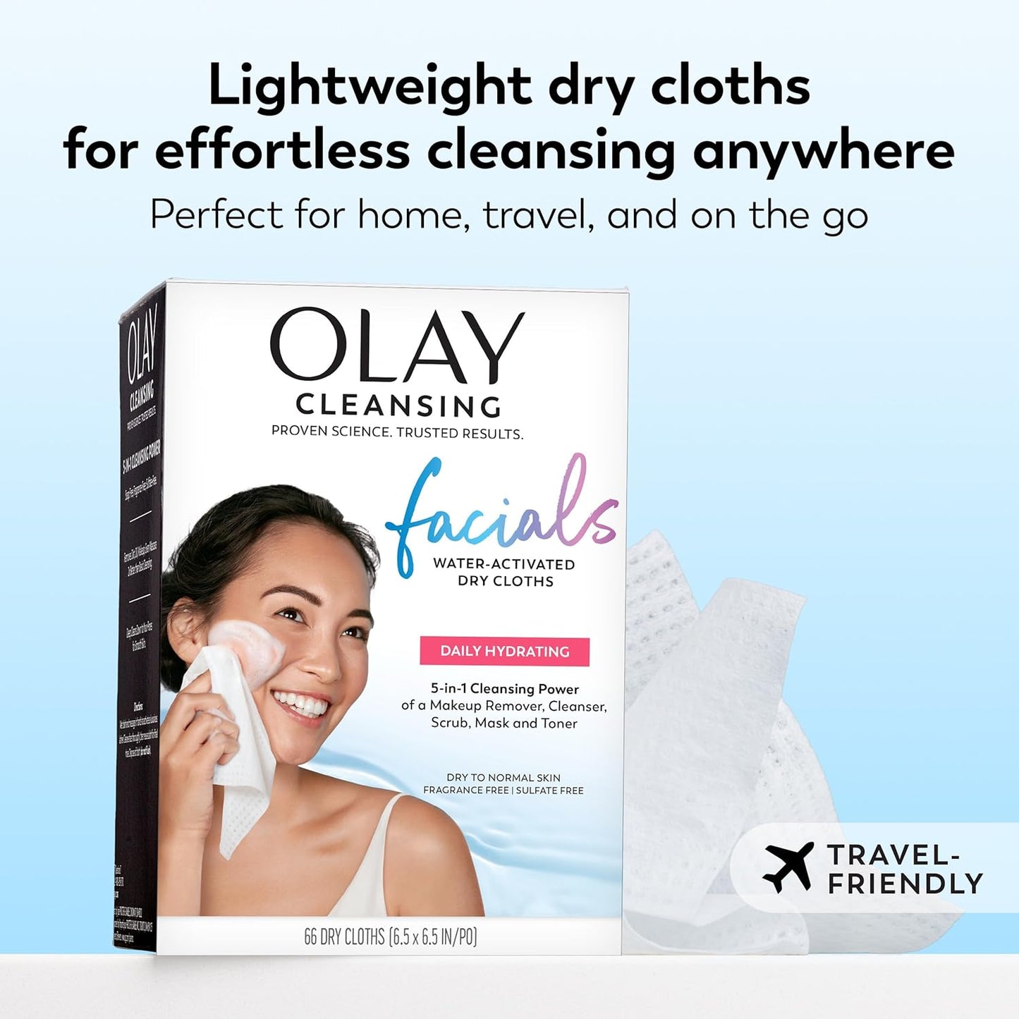 Makeup Remover Wipes, Daily Facials Hydrating Face Cleanser for Normal to Dry Skin, Alcohol & Fragrance Free, Soft Face Wash Towels, Travel Essentials for Women, Convenient Dry Cloths, 66 Ct