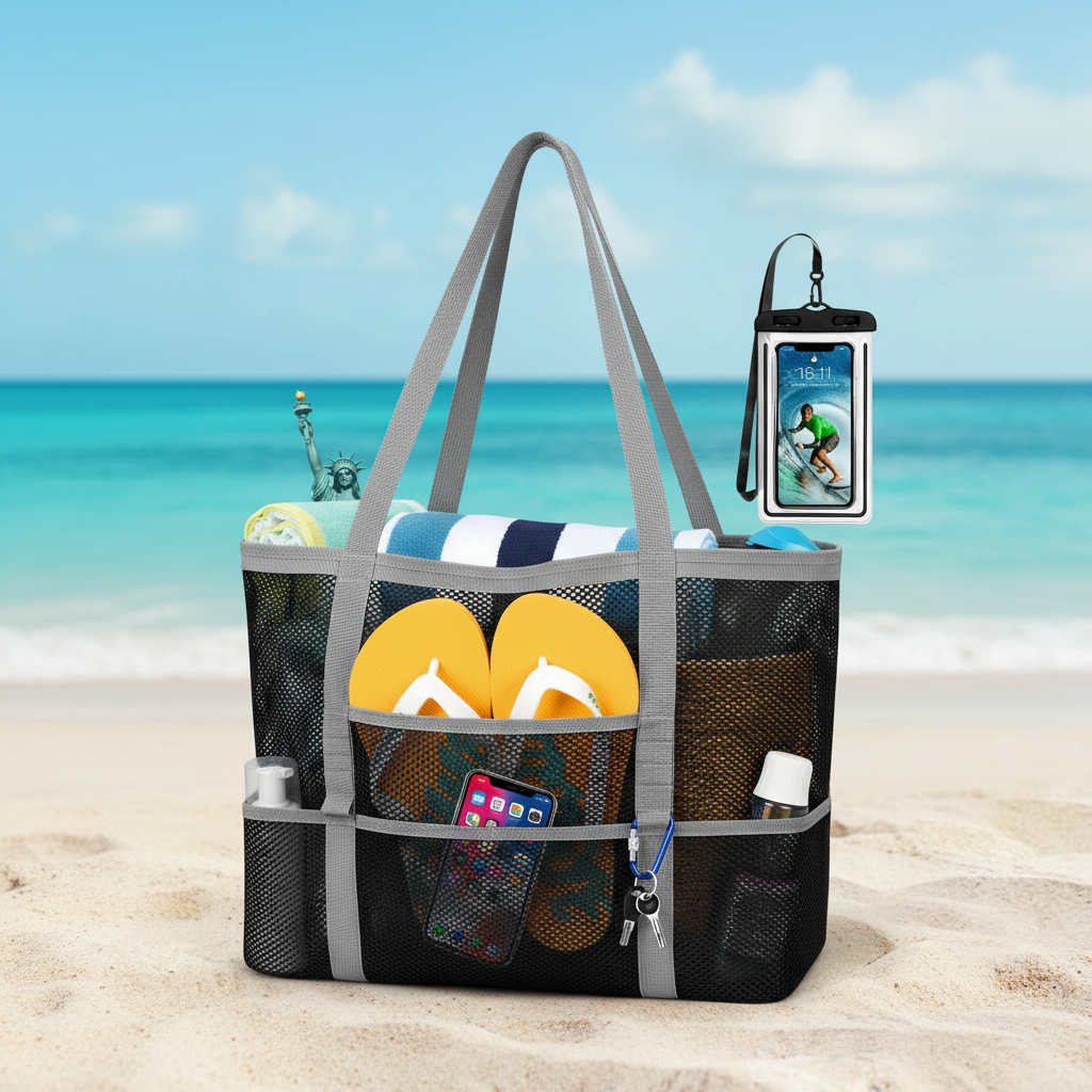 Mesh Beach Bag Rope Handles, Mesh Tote Bag for Women Contains Wicker Oversized Beach Tote Bag with 9 Small Pockets